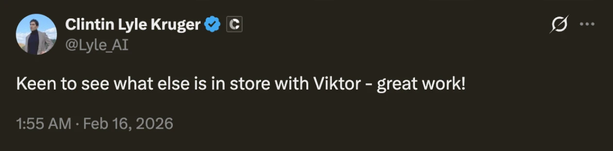Tweet by Clintin Lyle Kruger excited about Viktor