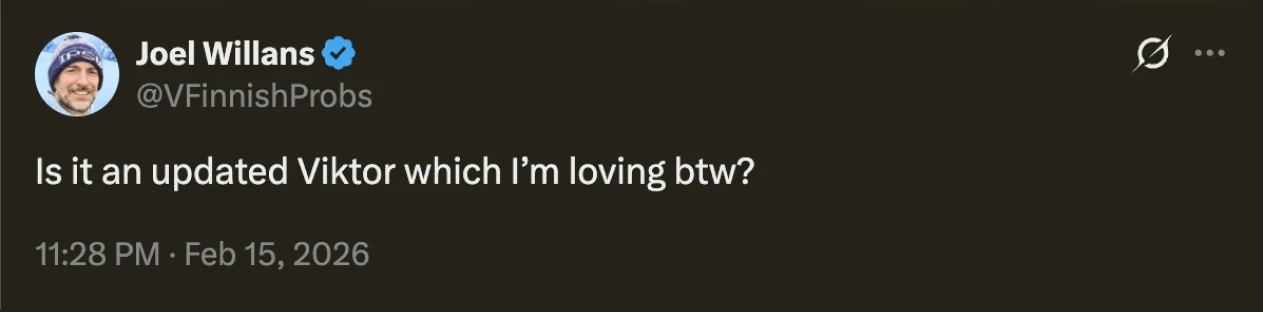 Tweet by Joel Willans about loving the updated Viktor